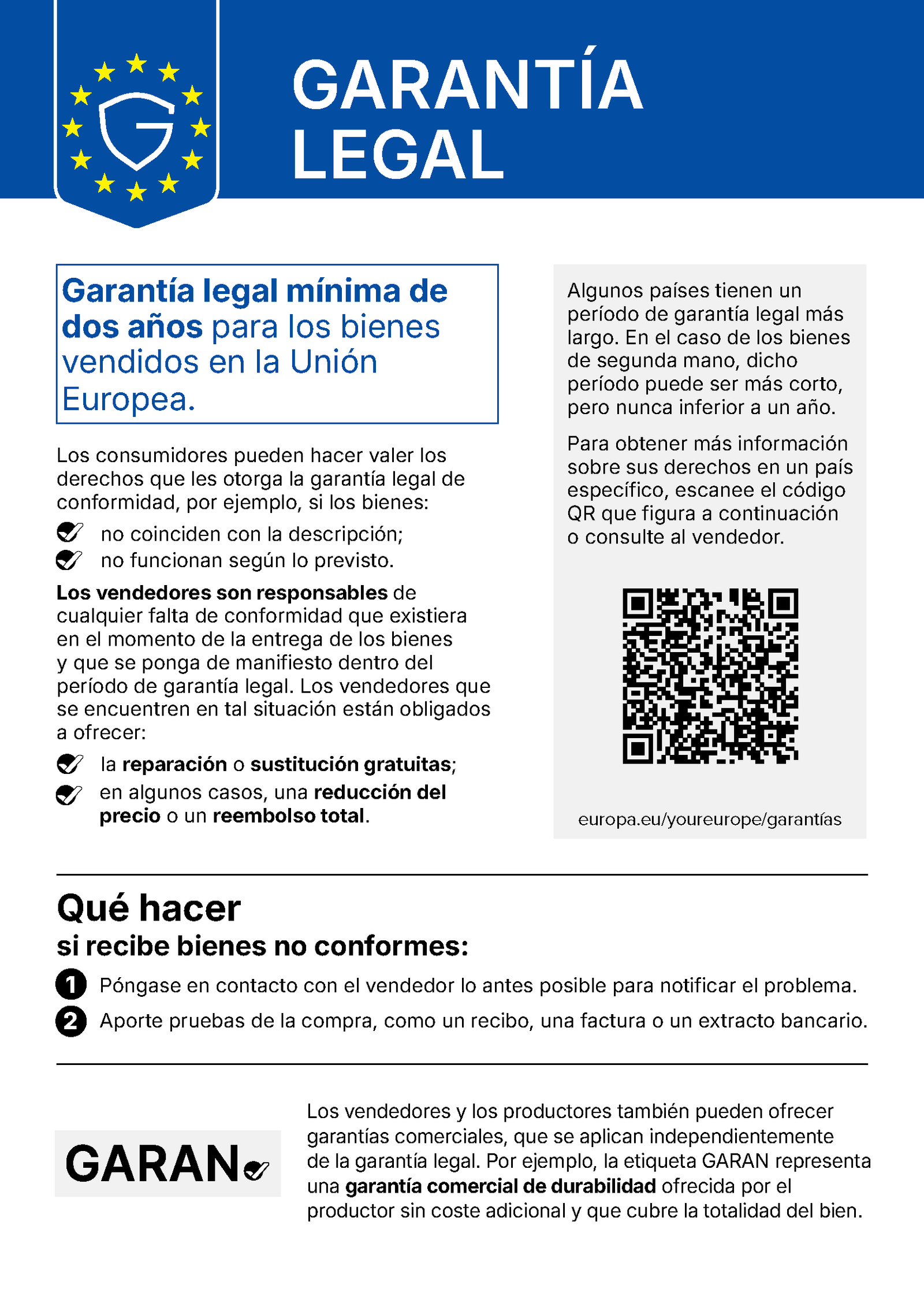 Aviso de la Unión Europea sobre la garantía legal: garantía legal mínima de dos años para los bienes vendidos en la Unión Europea